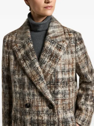 Peserico Check-pattern Double-breasted Coat In Brown