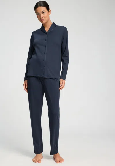Hanro Cotton Silk Button Front Cotton Pajama Set In Deep Navy