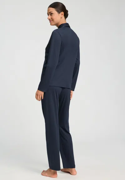 Hanro Cotton Silk Button Front Cotton Pajama Set In Deep Navy