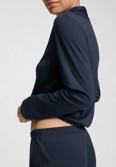Hanro Cotton Silk Button Front Cotton Pajama Set In Deep Navy