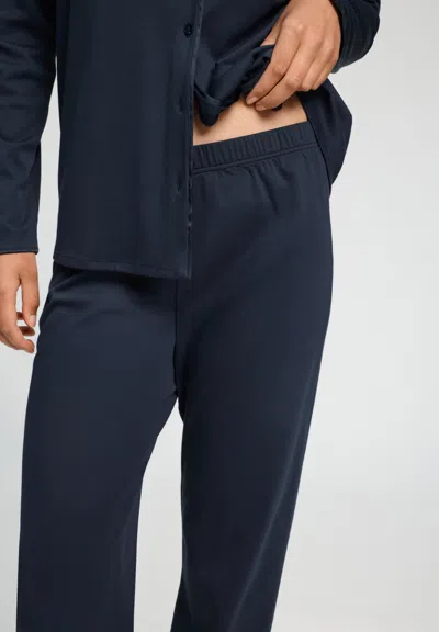 Hanro Cotton Silk Button Front Cotton Pajama Set In Deep Navy