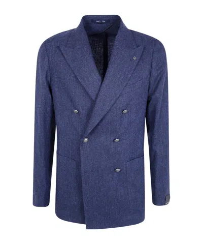 Tagliatore Montecarlo Herringbone-pattern Double-breasted Blazer In Blue