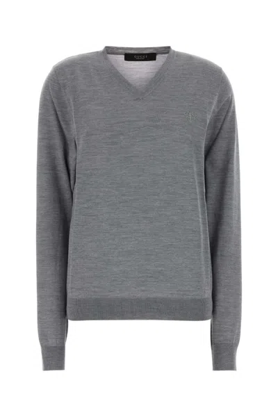 Gucci Grey Solid V Neck Sweater In Gray
