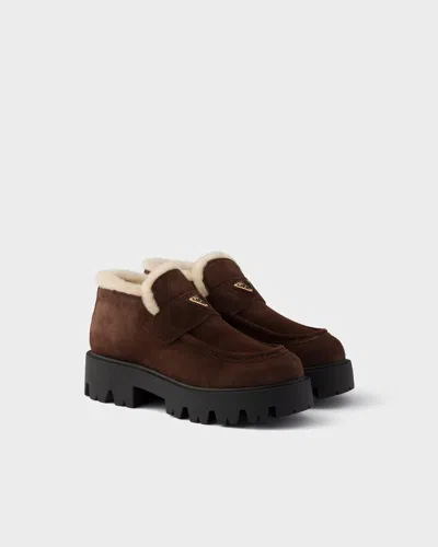 Prada Shearling-lined Suede Ankle Boots In Brown