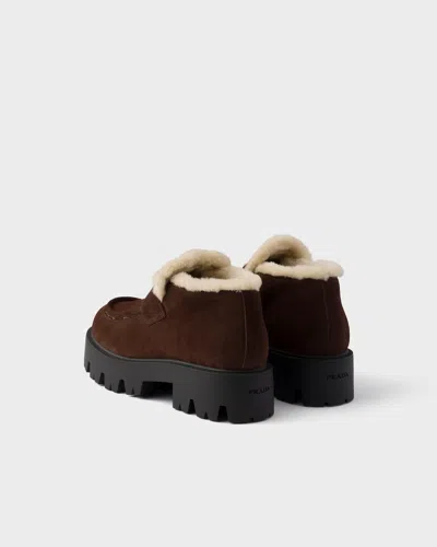 Prada Shearling-lined Suede Ankle Boots In Brown