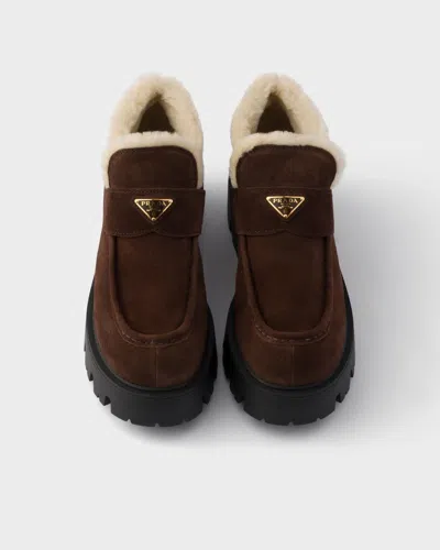Prada Shearling-lined Suede Ankle Boots In Brown