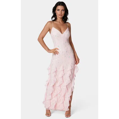 Bebe Cascade Beaded Mesh Gown In Pink