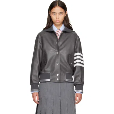Thom Browne Gray Leather 4-bar Oversized Blouson Jacket In Gray