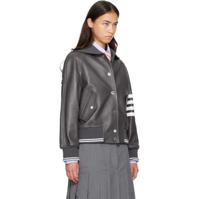 Thom Browne Gray Leather 4-bar Oversized Blouson Jacket In Gray