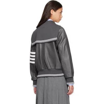 Thom Browne Gray Leather 4-bar Oversized Blouson Jacket In Gray