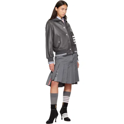 Thom Browne Gray Leather 4-bar Oversized Blouson Jacket In Gray