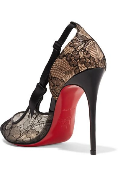Shop Christian Louboutin Hot Jeanbi 100 Satin And Patent Leather-trimmed Lace Pumps
