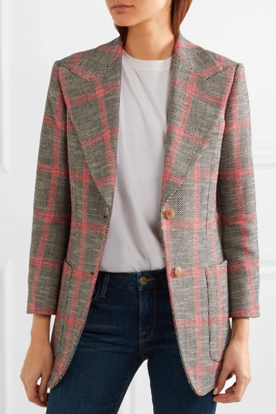 Shop Gucci Appliquéd Checked Wool-blend Tweed Blazer In Mushroom
