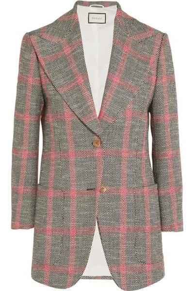 Shop Gucci Appliquéd Checked Wool-blend Tweed Blazer In Mushroom