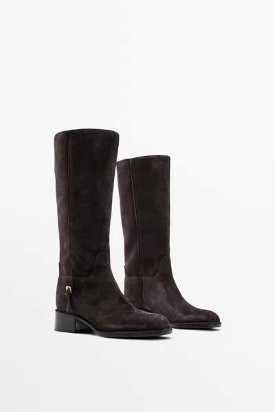 Massimo Dutti Flat Split Suede Leather Boot With Lateral Buckle In Bruin