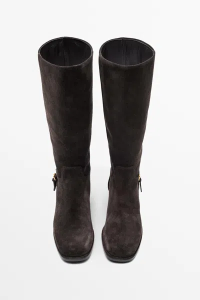 Massimo Dutti Flat Split Suede Leather Boot With Lateral Buckle In Bruin