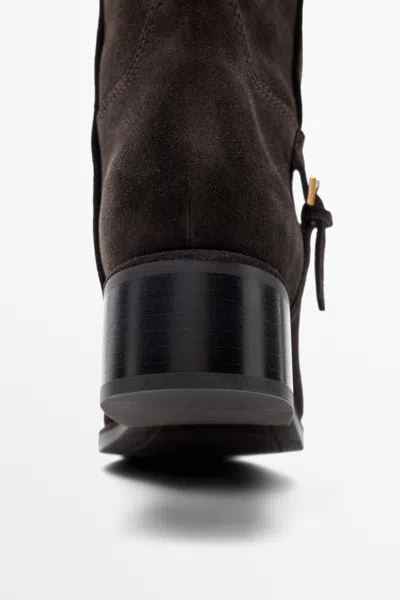 Massimo Dutti Flat Split Suede Leather Boot With Lateral Buckle In Bruin