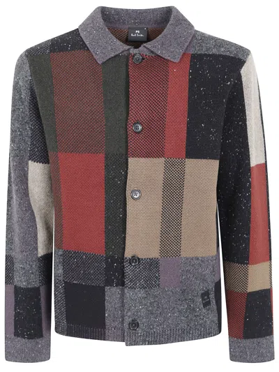Ps By Paul Smith Black Wool-blend Rich Tone Patchwork Button-up Sweater In Black