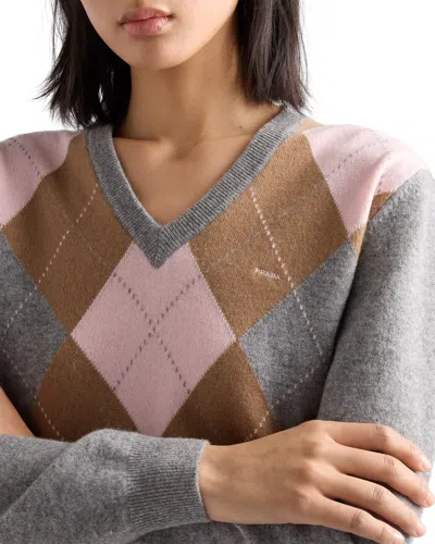 Prada Argyle-pattern V-neck Cashmere Sweater In Grey