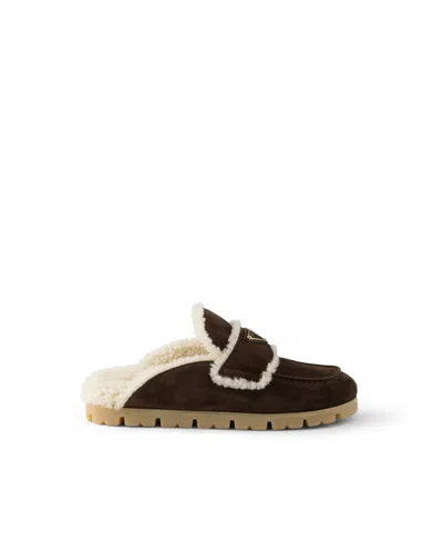 Prada Shearling-trim Logo-plaque Suede Mules In Brown