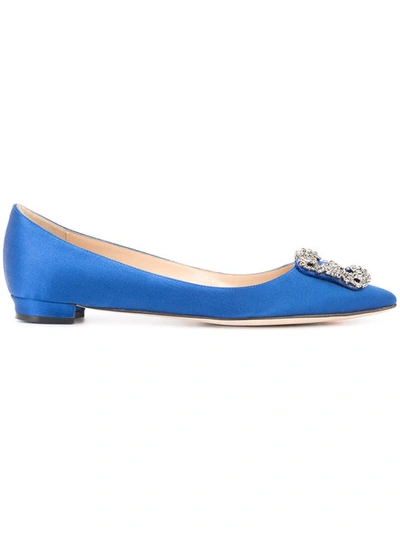 Manolo Blahnik Hangisi Crystal-embellished Satin Point-toe Flats In Blue