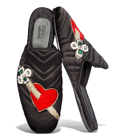 Shop Gucci Black Embroidered Heart Slide