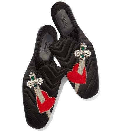 Shop Gucci Black Embroidered Heart Slide