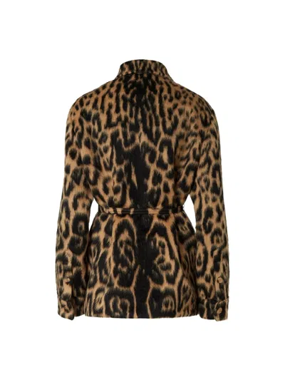 Fendi Women Multicolor Coat With Ff Buckled Belt On The Front And All-over Leopard Motif In Wool Ble In Animalier