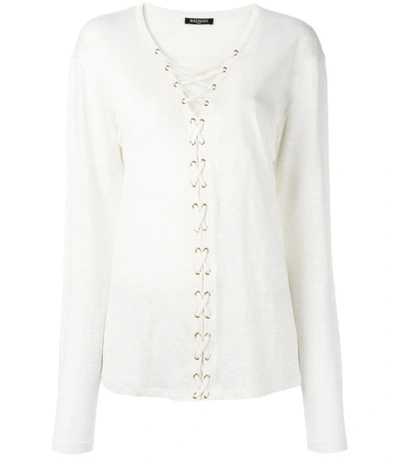 Shop Balmain White Crossed Lace Shirt