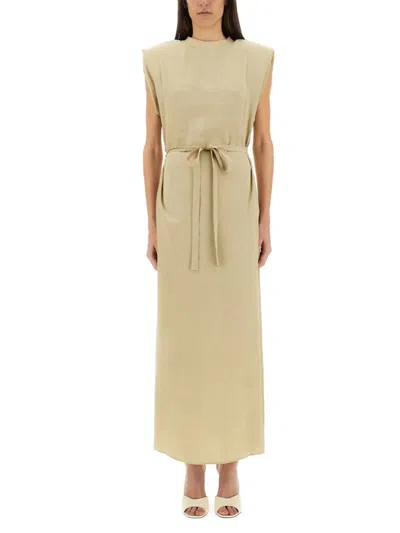 Alysi Beige Solid Round Neck Maxi Dress In Brown