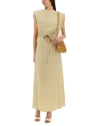 Alysi Beige Solid Round Neck Maxi Dress In Brown