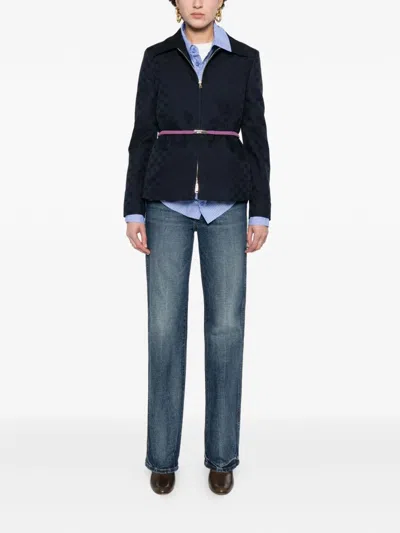 Gucci Checkered Jacket Collared Neck Front Pockets In Blue
