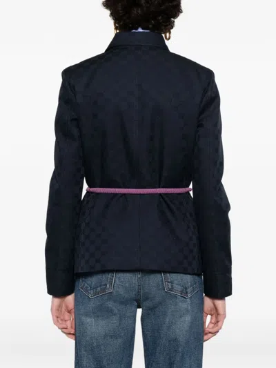 Gucci Checkered Jacket Collared Neck Front Pockets In Blue