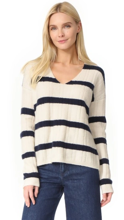 Jenni Kayne Stripe Cashmere V Neck Sweater In Ivory/navy