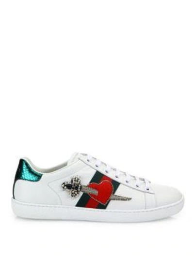 Shop Gucci New Ace Pierced Heart Leather Sneakers In Black