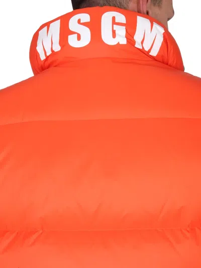 Msgm Logo Embroidered High Collar Padded Jackets In Orange