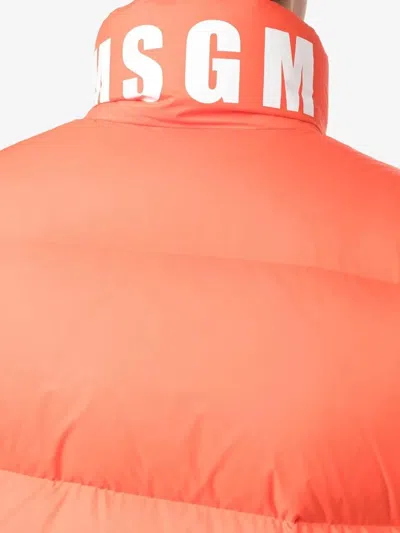 Msgm Logo Embroidered High Collar Padded Jackets In Orange