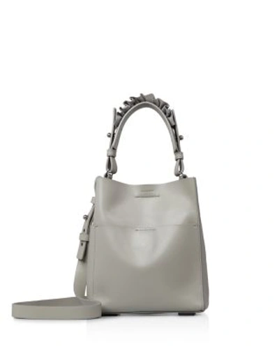 Allsaints Maya North/south Mini Leather Tote In Light Cement/silver