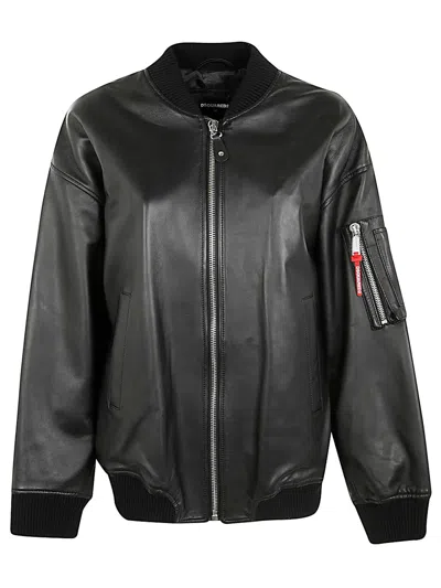 Dsquared2 Leather Bomber Jacket With Ribbed Finish In Black