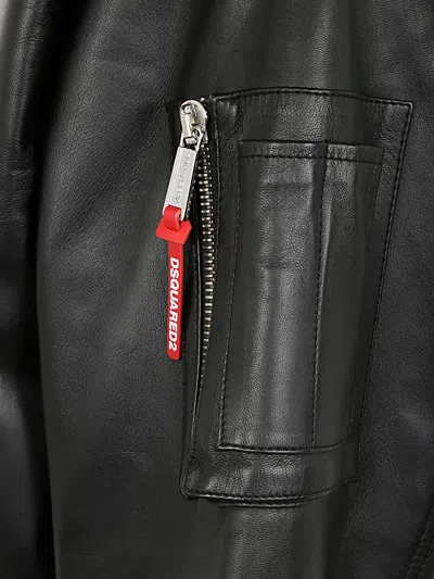 Dsquared2 Leather Bomber Jacket With Ribbed Finish In Black