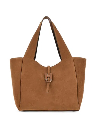 Hogan Rectangular Suede Tote Bag Top Handle Buckle In Luggage