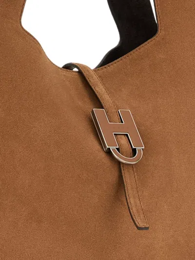 Hogan Rectangular Suede Tote Bag Top Handle Buckle In Luggage