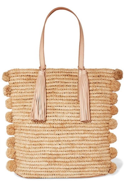 Loeffler Randall Cruise Pompom-embellished Leather-trimmed Woven Raffia Tote In Natural