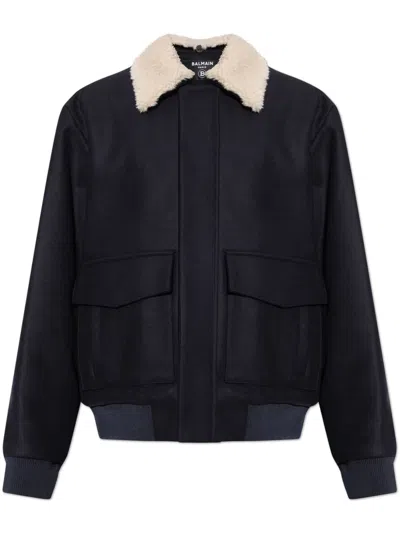 Balmain Shearling-collar Bomber Jacket In Blue