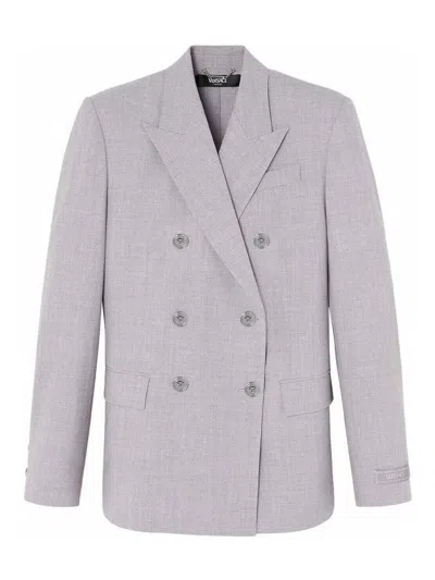 Versace Double-breasted Chambray Blazer In Gray