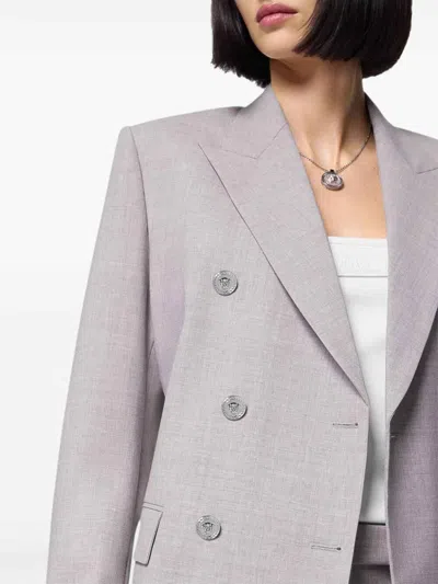 Versace Double-breasted Chambray Blazer In Gray