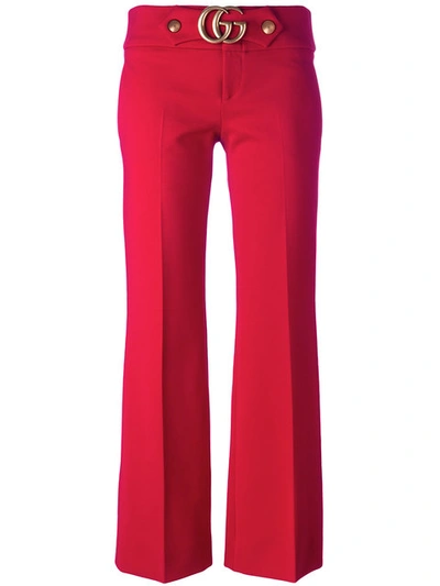 Gucci Cropped Embellished Crepe Flared Pants In Red