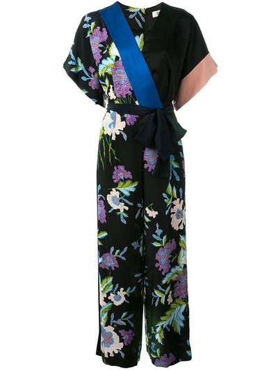 Diane Von Furstenberg Floral-print Satin Belted Jumpsuit, Multicolor In Crz On Blk/french Bl/dust R/