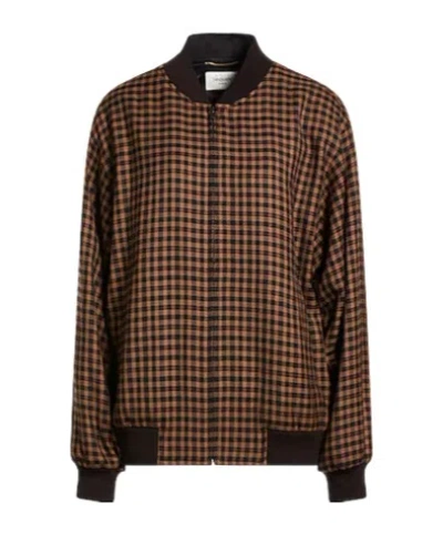 Saint Laurent Cassandre Bomber Jacket In Wool Check In Brown