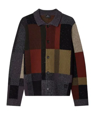 Ps By Paul Smith Black Wool-blend Rich Tone Patchwork Button-up Sweater In Multi